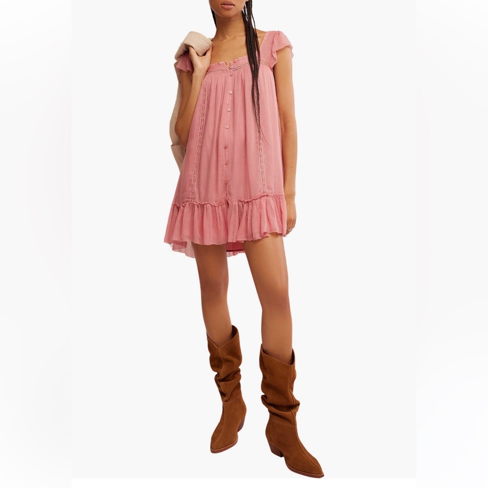 Free People Olivia Gauze Babydoll Dress in Flamingo Pink Size SM  $128 MSRP NWT - Picture 2 of 10